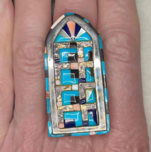 Native American Indian Large Inlay Turquoise Silver Ring 925 Huge Silver... - $22,681.29 MXN