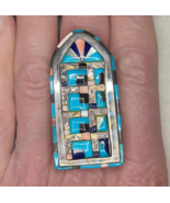 Native American Indian Large Inlay Turquoise Silver Ring 925 Huge Silver... - $1,723.96 CAD