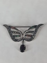 Vintage 925 Silver Ruby  Marcasite Encrusted Brooch 2” Wings, Butterfly  - £14.70 GBP