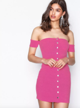 Motel Shay Bodycon Off Shoulder Dress XS Hot Pink Snap Down Front Rib Knit - £15.74 GBP