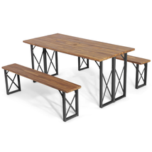 Outdoor Patio Dining Table Set Bench 6-Person Wood Metal 2-Inch Umbrella Hole - £296.18 GBP