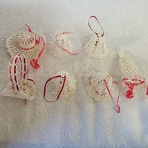 Vtg Christmas Ornaments - 7 Crochet -4 Bells, 1 Hat, 1 basket, 1 glove - £9.95 GBP