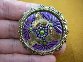 (z30-13) textured purple gold clover green Czech glass button brass brooch pin - £25.46 GBP