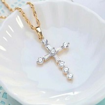 14K Yellow Gold Plated Silver Round &amp; Baguette Simulated Diamond Cross Pendant - £58.81 GBP