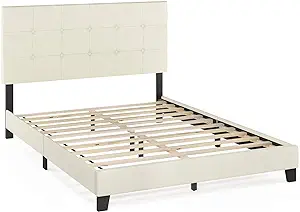 Furinno Laval Button Tufted Upholstered Platform Bed Frame, Queen, Linen - $336.99