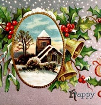 Christmas Victorian Greeting Card Bells Holly Embossed 1900s Postcard PC... - $19.99