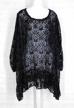 B HADIKUSUMO Burnout Velvet Tunic Topper Black Floral Flounce Hem One Size - $54.44