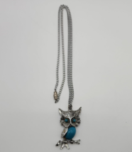 Vintage Silver Tone Faux Turquoise Owl Necklace -21.5&quot; Chain - £9.10 GBP