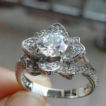 Solid 14K White Gold 3.25Ct Round Cut Diamond Lotus Engagement Ring in Size 8.5 - £194.93 GBP