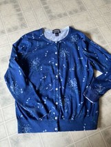 Lands&#39; End Floral Cardigan Long Sleeve Blue 100% Supima Cotton Size Large - $37.18