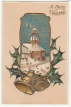 Vintage Postcard Christmas Church Holly Glitter Trim Embossed - £6.22 GBP