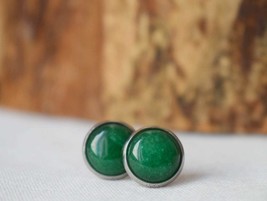 Green Jade Stud Earrings Silver, Minimalist, 8mm, 10mm, Positive Jewelry, Gemsto - £23.04 GBP