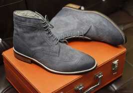 Handmade Men&#39;s Genuine Gray Suede Leather High Ankle Wingtip Boots US si... - £118.51 GBP+