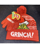 Red Christmas GRINCH! Knit Hat W/Pom Pom &amp; Mittens Womens Kids NWT Dr Se... - £15.97 GBP