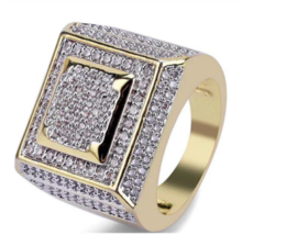 Elvis Presley TCB Deluxe Big Square LAB Austrian Crystal Gold Plated Rocker Ring - £14.50 GBP