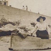 Woman In Canoe Boat Photograph Original Snapshot Antique Lots Of Writing 1919 - $11.96