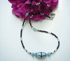Turquoise Lampwork And Black Beaded Necklace - 17 1/2 - £11.06 GBP