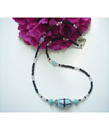 TURQUOISE LAMPWORK AND BLACK BEADED NECKLACE - 17 1/2 - £10.98 GBP