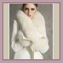 Warm Wild Artic White Wolf Faux Fur Collar Ivory Woolen Cashmere Lined Overcoat