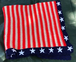 Patriotic Stars and Stripes Chunky Knit Scalloped Handmade Afghan Blanket-Heavy - £49.56 GBP