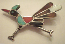 Sterling Silver Turquoise Amber Coral MOP Roadrunner Brooch Pin Vintage Old Pawn - £39.95 GBP