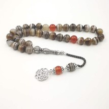 Man's Tasbih Natural Agates stripe With Red Agates Rosary 33 Islam misbaha Gift  - $70.87