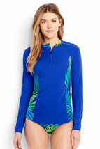 Lands End Women&#39;s LS Half-zip Rash Guard Blue Tropical Electric Blue New - £39.61 GBP