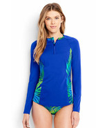 Lands End Women&#39;s LS Half-zip Rash Guard Blue Tropical Electric Blue New - $922.38 MXN