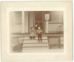 Circa 1890&#39;S Rare Cabinet Card Adorable Sister &amp; Brother On Front Porch Of Home - £36.81 GBP