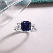 7ct Cushion Cut Natural Blue Sapphire 14K White Gold Plated Ring for Man &amp; Woman - £109.52 GBP