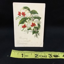 Wishing You a Happy Christmas Victorian Trading Card Red White Green Floral VTG - £6.32 GBP