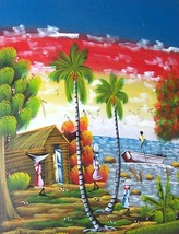Original & signed Rolinson caribbean haitian scenic village landscape painting - $770.05