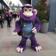 Purple Chimpanzee mascot costume character dressed with a Flare Jeans and Backpa - £940.31 GBP