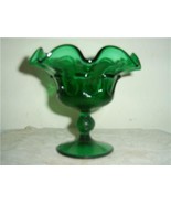 RARE FENTON GREEN FERN RUFFLED COMPOTE GLASS ART - $143.24