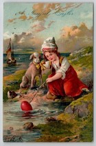 Easter Greeting Dutch Child With Lamb Seaside Fishing Eggs Postcard X25 - $6.95