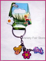 Tinkerbell Metal Keychain with Tink Script, Pink Flower &amp; Cute Pixie Face - £6.37 GBP