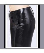 Black Faux PU Leather Jean Button Up Low Waisted Pants w/ Wide Belt Band   - £58.30 GBP
