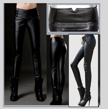 Black Faux PU Leather Jean Button Up Low Waisted Pants w/ Wide Belt Band   image 2