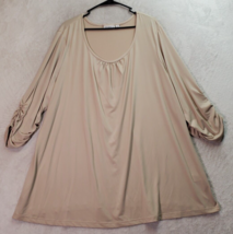 Susan Graver Blouse Top Womens 3X Tan Polyester Long Sleeve Round Neck Pleated - £17.65 GBP