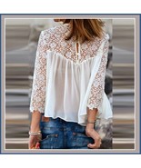 Black or White Spliced Crochet Lace Chiffon Long Sleeved Top Loose Blouse - £26.33 GBP