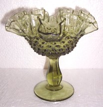 Rare Fenton Green Hobnail Ruffled Glass Art Display Compote - $186.78