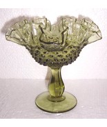 Rare Fenton Green Hobnail Ruffled Glass Art Display Compote - $186.78