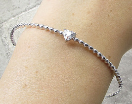 925 Sterling Silver - White Topaz Love Hearts Bangle Bracelet - BT1005 - $509.98 MXN