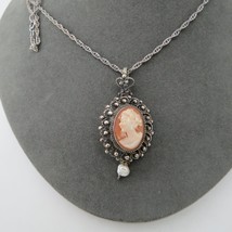 Vtg Sterling Silver Carved Shell Cameo Pendant Necklace Freshwater Pearl... - £47.01 GBP