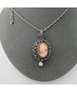 Vtg Sterling Silver Carved Shell Cameo Pendant Necklace Freshwater Pearl... - $59.00