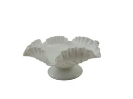 Vintage Fenton White Milk Glass Hobnail Pedestal Ruffled Compote Bowl  - $12.82