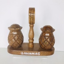 Vintage Bahamas Island Carved Pineapple Wood Salt &amp; Pepper Shaker Set W/ Stand - £11.83 GBP