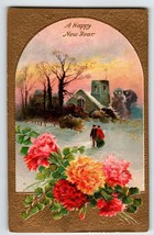 New Year Postcard Country Church Man Women Flowers Trees Embossed Germany 2149 - $14.40