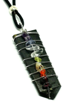 Tourmaline Pendant Necklace 7 Chakra Wire Wrapped Gemstone Beaded Cord Jewellery - £7.15 GBP