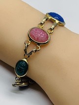 Vintage Multicolor Glass Cabochons Carved Scarab Bracelet w Safety Chain 7.5” - $57.33